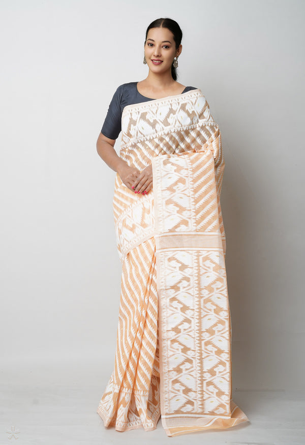 Peach Orange Pure  Jamdhani Bengal Cotton Saree-UNM75209