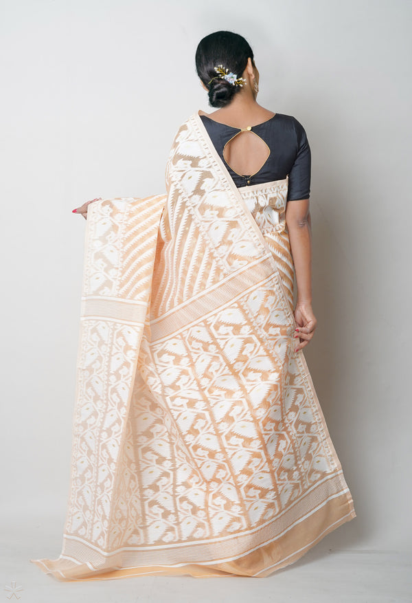 Peach Orange Pure  Jamdhani Bengal Cotton Saree-UNM75209