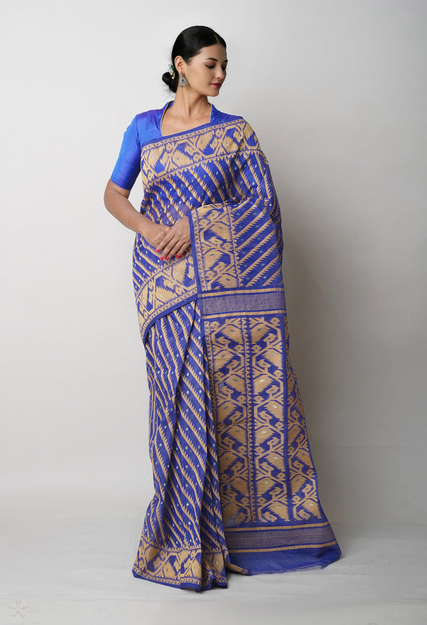 Dark Blue Pure  Jamdhani Bengal Cotton Saree-UNM75210