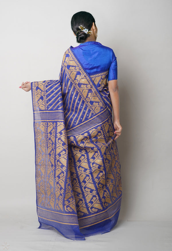 Dark Blue Pure  Jamdhani Bengal Cotton Saree-UNM75210