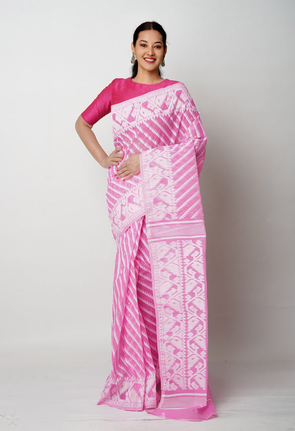 Baby Pink Pure  Jamdhani Bengal Cotton Saree-UNM75212