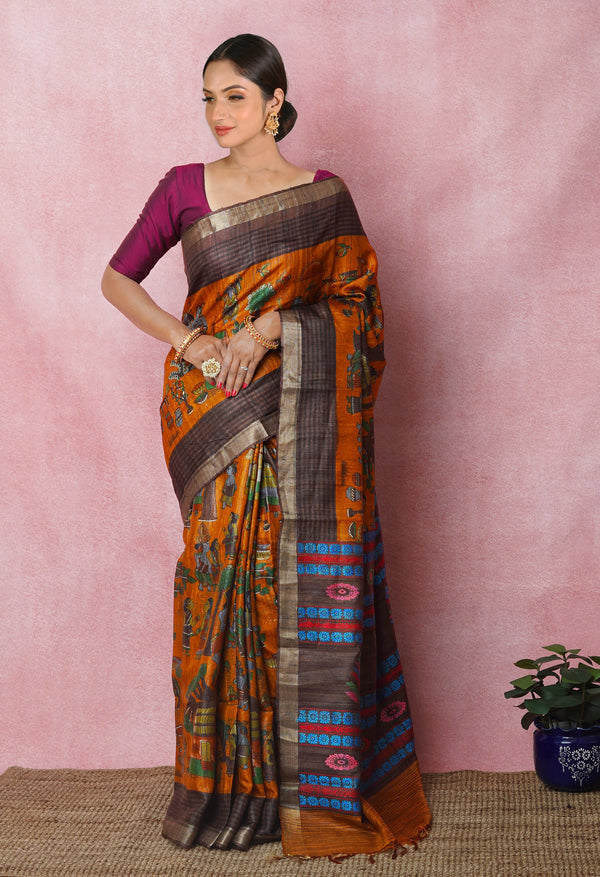 Rust Orange Pure Handloom Printed Vidarbha Tussar Silk Saree-UNM75227