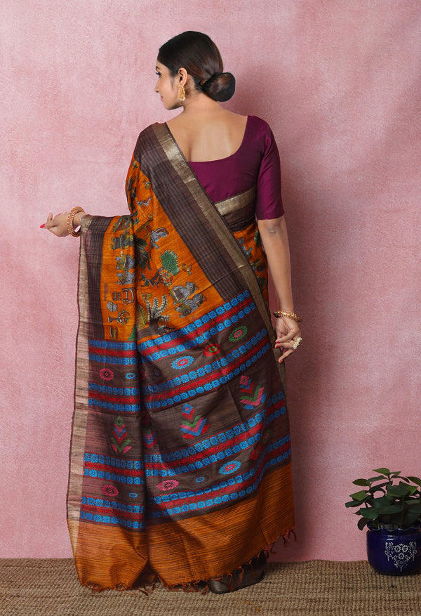Rust Orange Pure Handloom Printed Vidarbha Tussar Silk Saree-UNM75227