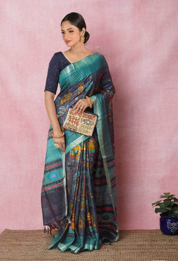 Slate Grey Pure Handloom Printed Vidarbha Tussar Silk Saree-UNM75228