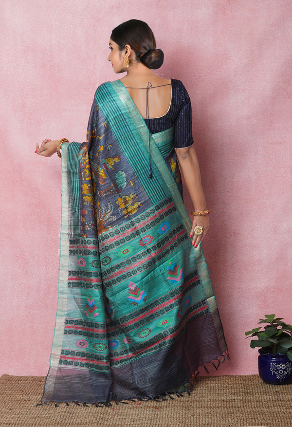 Slate Grey Pure Handloom Printed Vidarbha Tussar Silk Saree-UNM75228