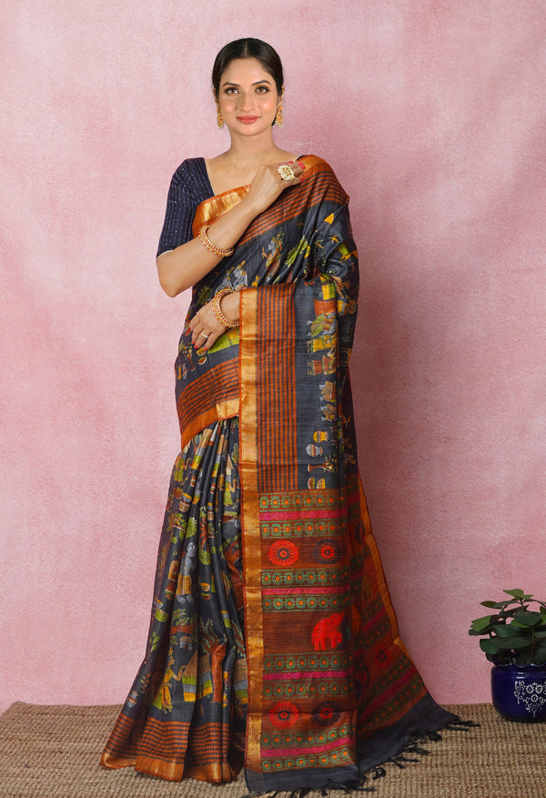 Black Pure Handloom Printed Vidarbha Tussar Silk Saree-UNM75229
