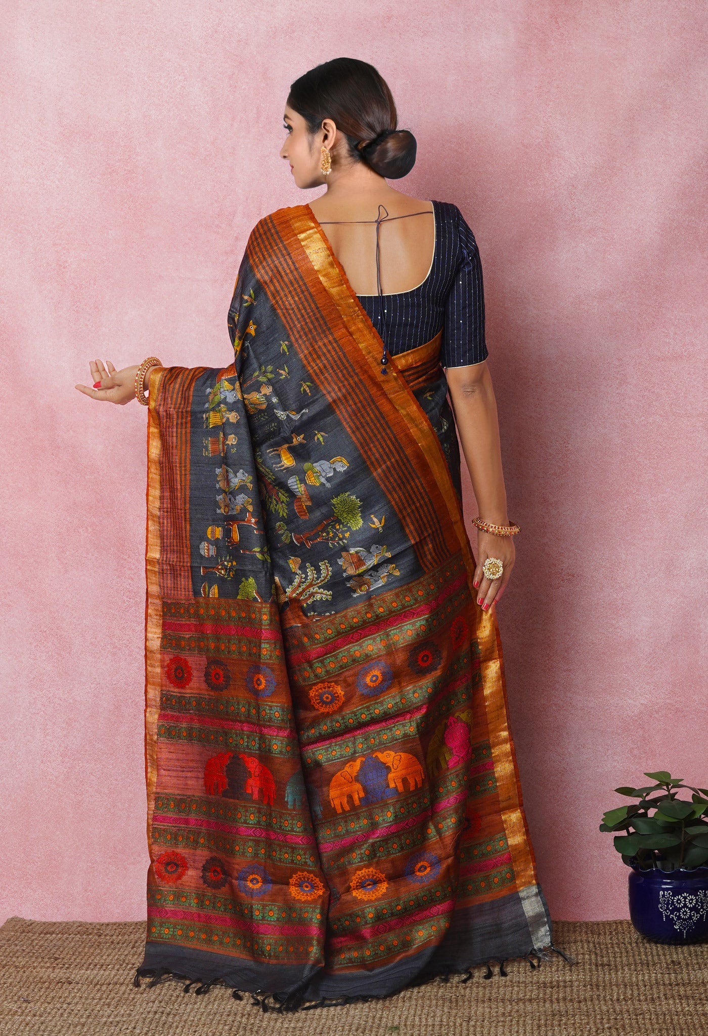 Black Pure Handloom Printed Vidarbha Tussar Silk Saree