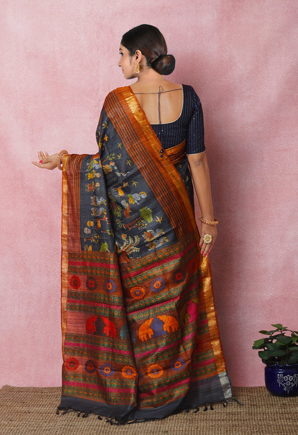 Black Pure Handloom Printed Vidarbha Tussar Silk Saree-UNM75229