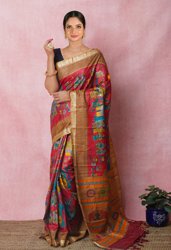 Red Pure Handloom Printed Vidarbha Tussar Silk Saree-UNM75230