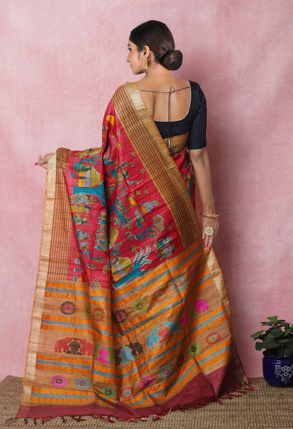 Red Pure Handloom Printed Vidarbha Tussar Silk Saree-UNM75230