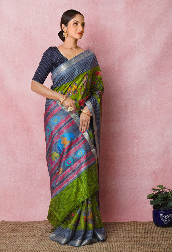 Olive Green Pure Handloom Printed Vidarbha Tussar Silk Saree-UNM75231