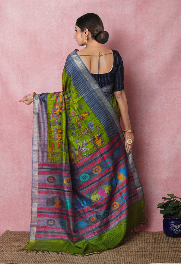 Olive Green Pure Handloom Printed Vidarbha Tussar Silk Saree-UNM75231