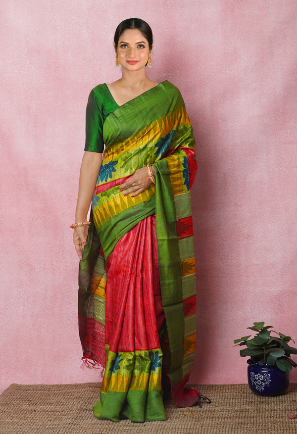 Peach Red Pure Handloom Printed Vidarbha Tussar Silk Saree-UNM75232