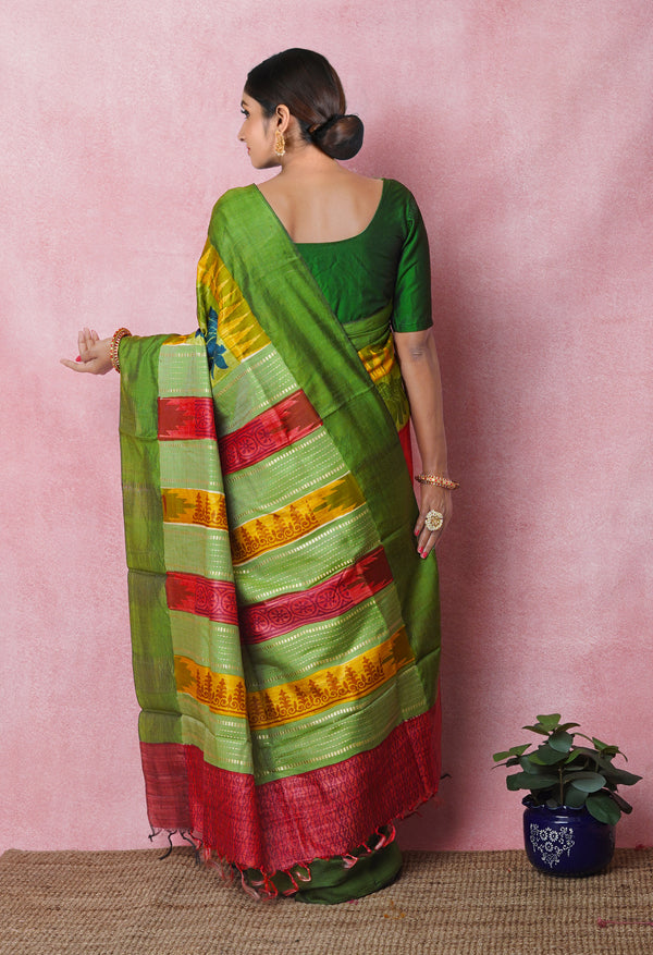 Peach Red Pure Handloom Printed Vidarbha Tussar Silk Saree-UNM75232