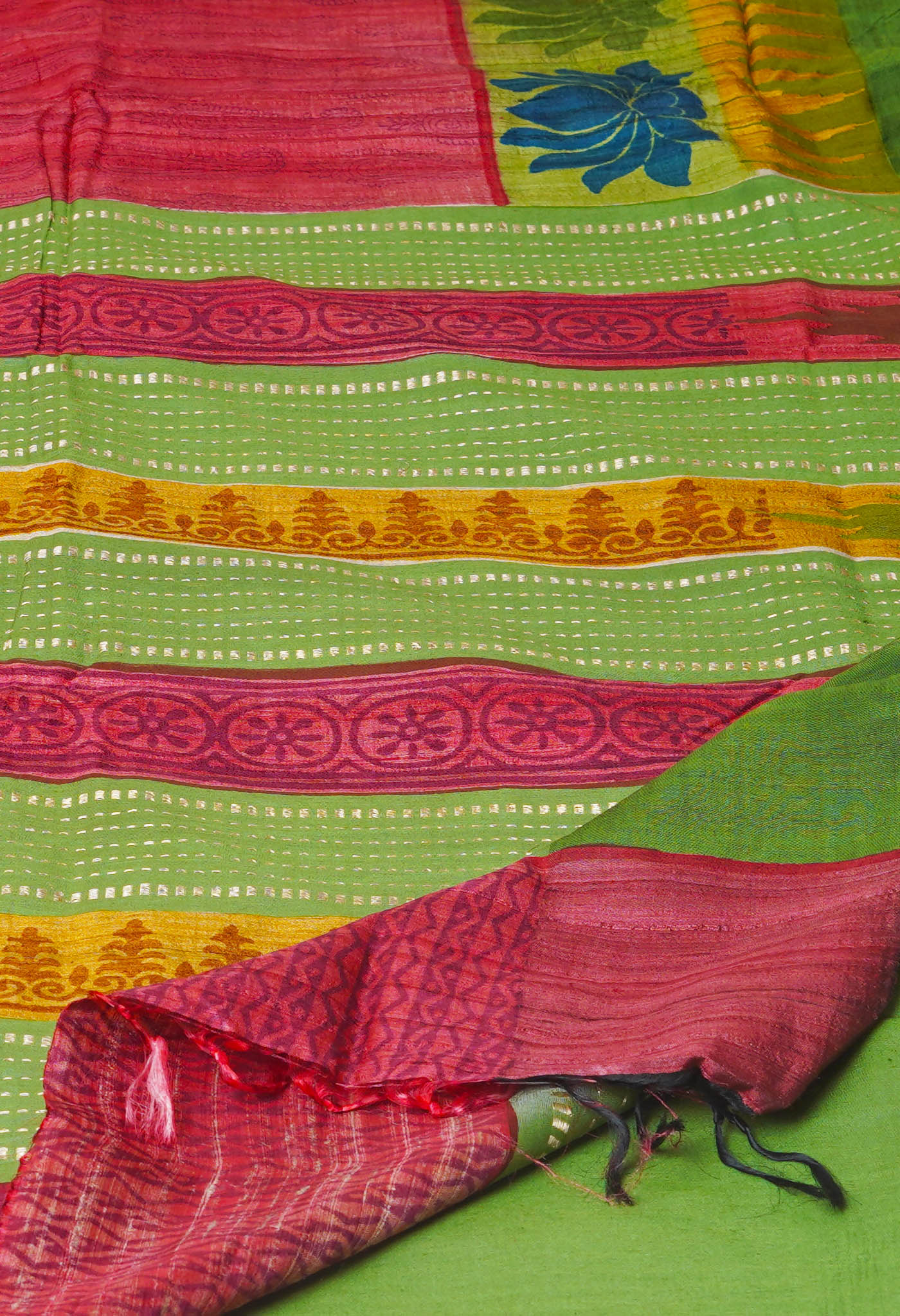Peach Red Pure Handloom Printed Vidarbha Tussar Silk Saree