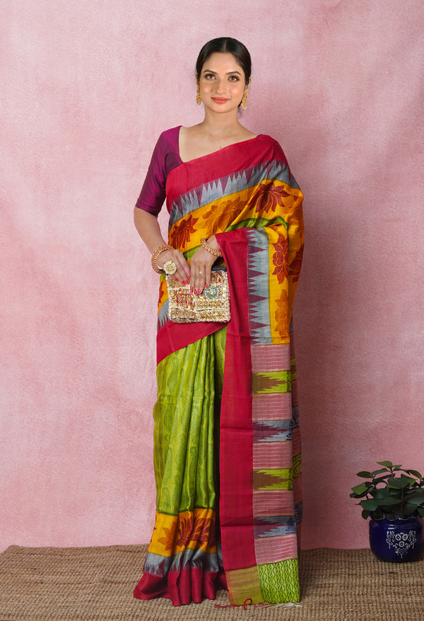 Green Pure Handloom Printed Vidarbha Tussar Silk Saree-UNM75233
