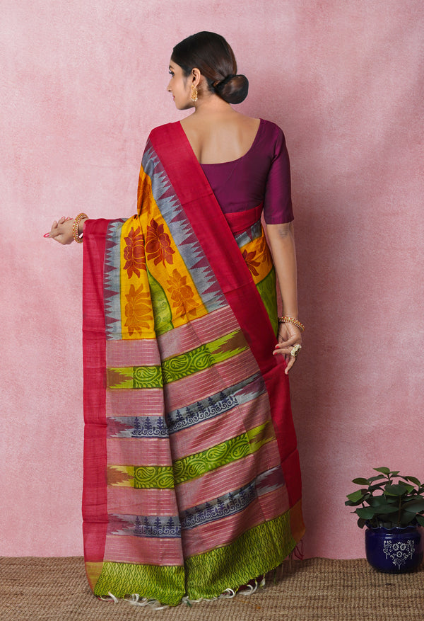 Green Pure Handloom Printed Vidarbha Tussar Silk Saree-UNM75233