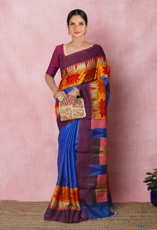 Dark Blue Pure Handloom Printed Vidarbha Tussar Silk Saree-UNM75234