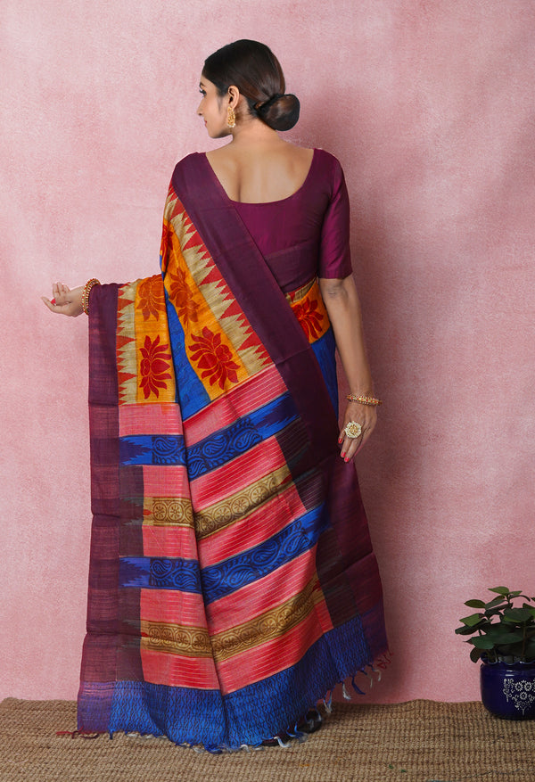 Dark Blue Pure Handloom Printed Vidarbha Tussar Silk Saree-UNM75234