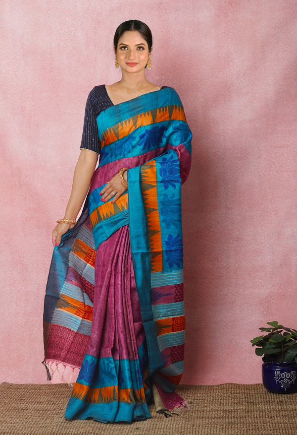 Mauve Pink Pure Handloom Printed Vidarbha Tussar Silk Saree-UNM75235