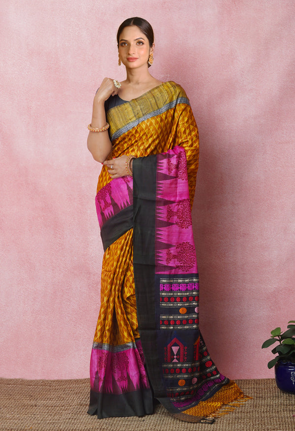 Cream Pure Handloom Printed Vidarbha Tussar Silk Saree-UNM75236