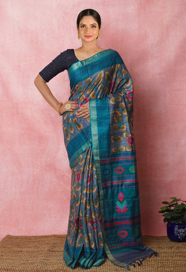 Bluish Grey Pure Handloom Printed Vidarbha Tussar Silk Saree-UNM75245