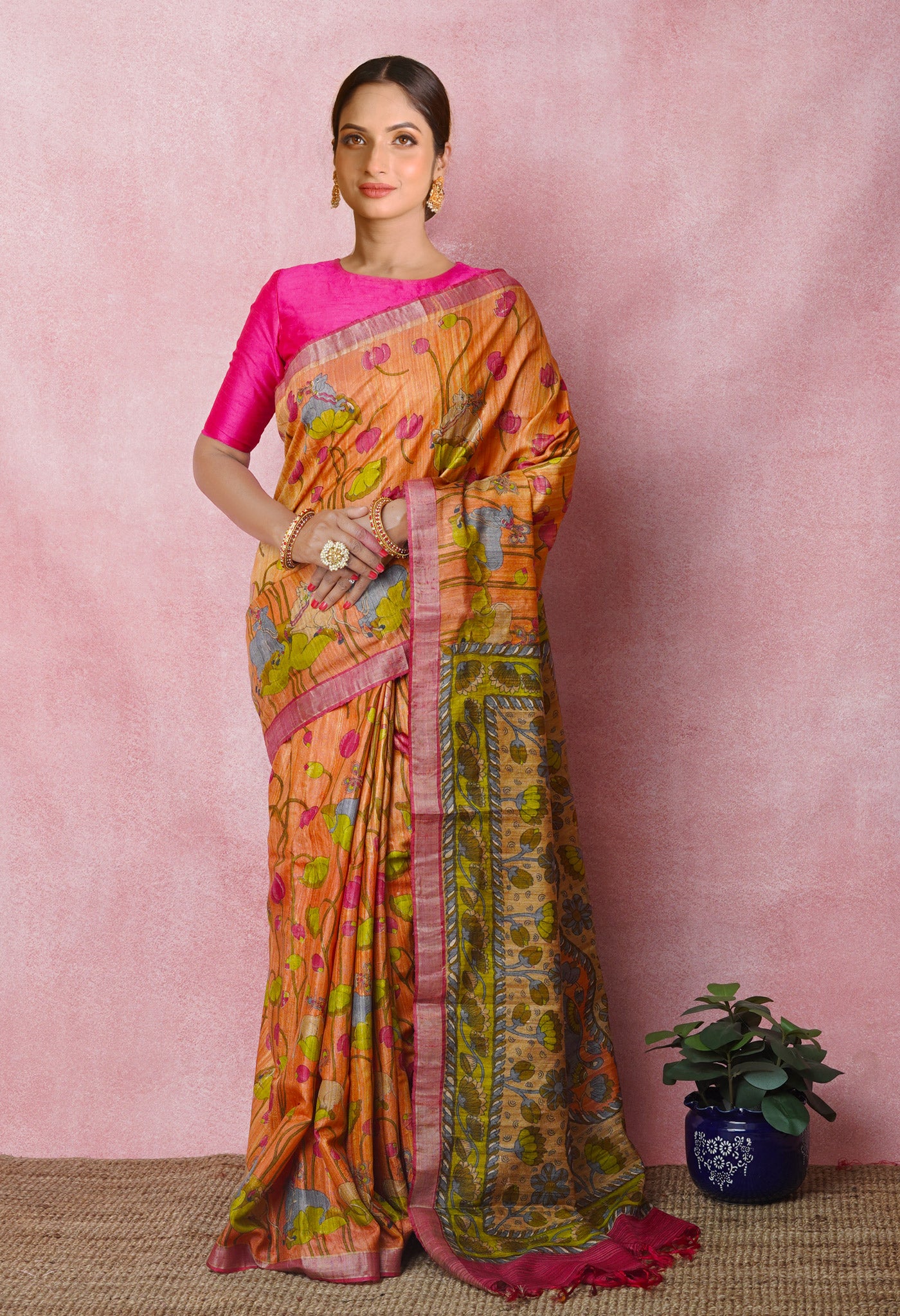Pale Orange Pure Handloom Printed Vidarbha Tussar Silk Saree