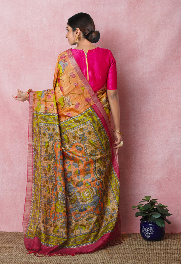 Pale Orange Pure Handloom Printed Vidarbha Tussar Silk Saree-UNM75247