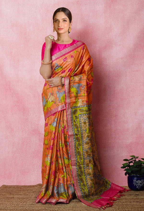 Orange Pure Handloom Printed Vidarbha Tussar Silk Saree-UNM75248