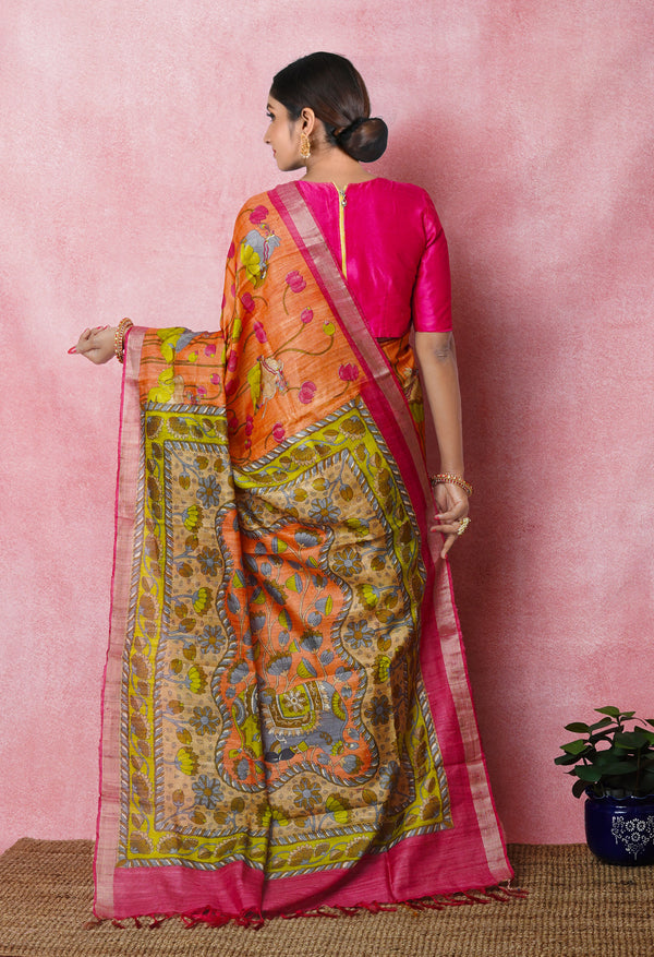 Orange Pure Handloom Printed Vidarbha Tussar Silk Saree-UNM75248