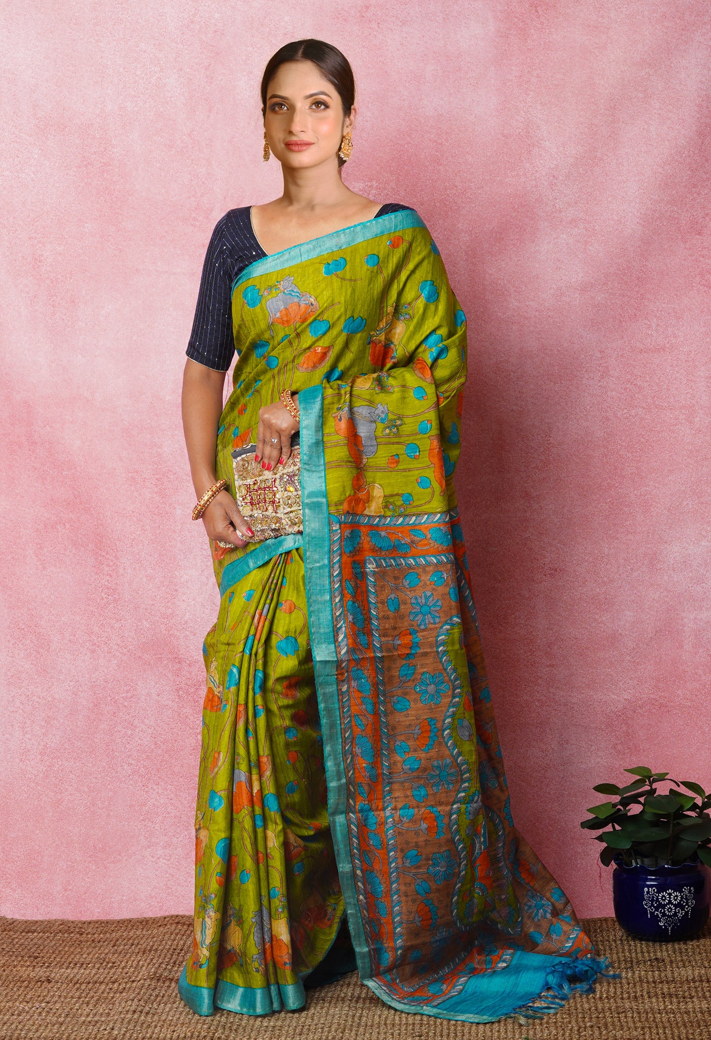 Olive Green Pure Handloom Printed Vidarbha Tussar Silk Saree