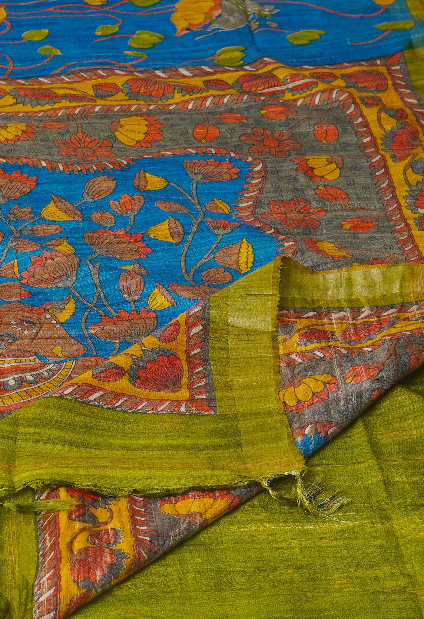 Blue Pure Handloom Printed Vidarbha Tussar Silk Saree