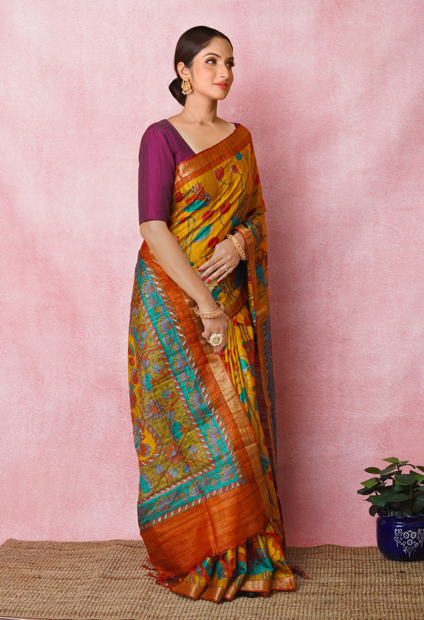 Yellow Pure Handloom Printed Vidarbha Tussar Silk Saree