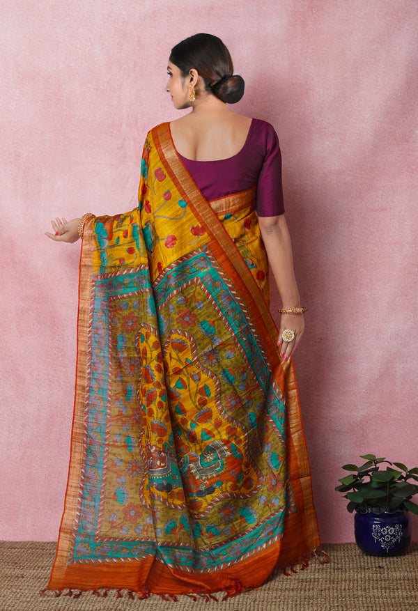 Turmeric Yellow Pure Handloom Printed Vidarbha Tussar Silk Saree-UNM75251