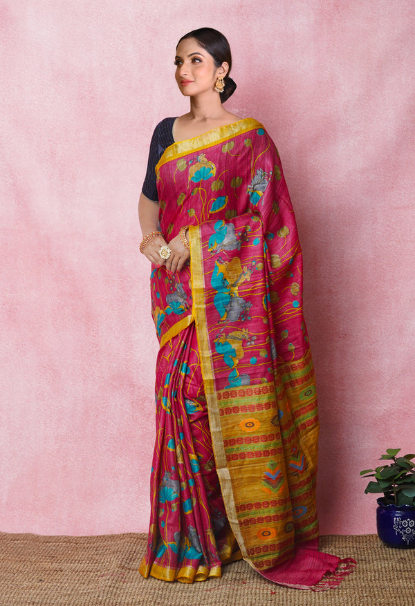 Pink Pure Handloom Printed Vidarbha Tussar Silk Saree-UNM75252