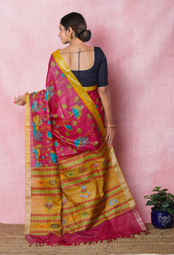 Pink Pure Handloom Printed Vidarbha Tussar Silk Saree-UNM75252