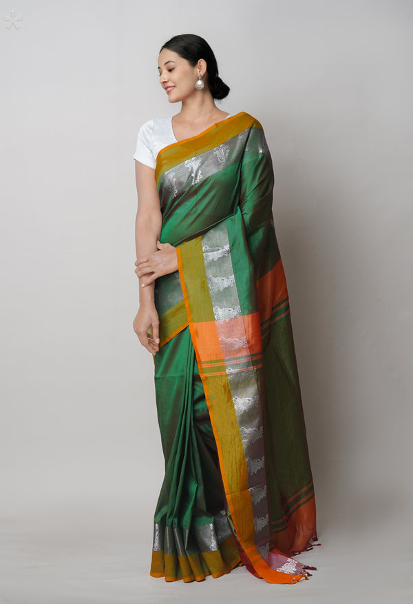 Dark Green Pure Handloom Chettinad Silk Saree-UNM75255