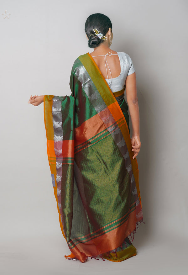 Dark Green Pure Handloom Chettinad Silk Saree-UNM75255