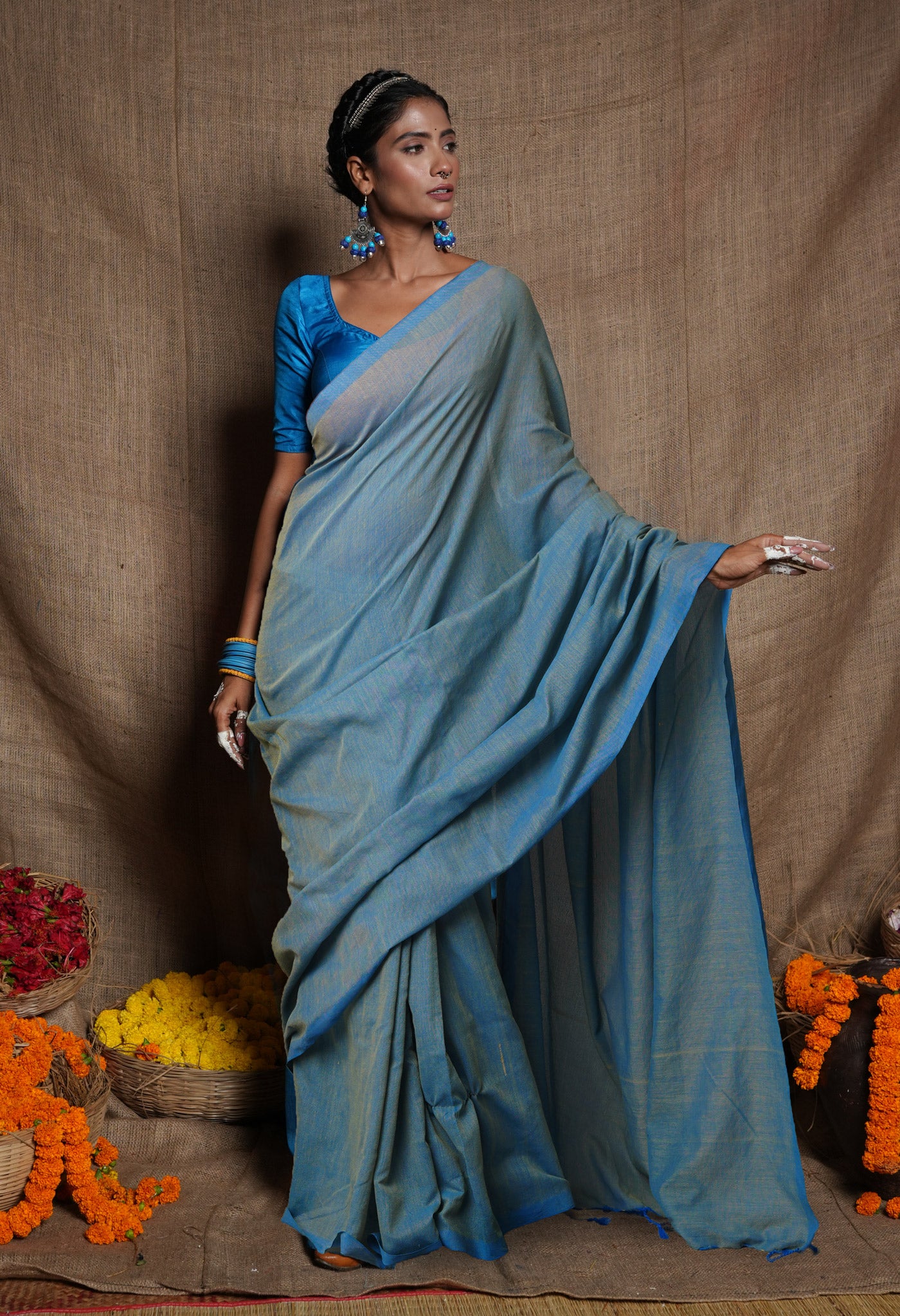 Blue-Yellow Pure Cross Weave Plain Cotton Linen Saree With Tassels