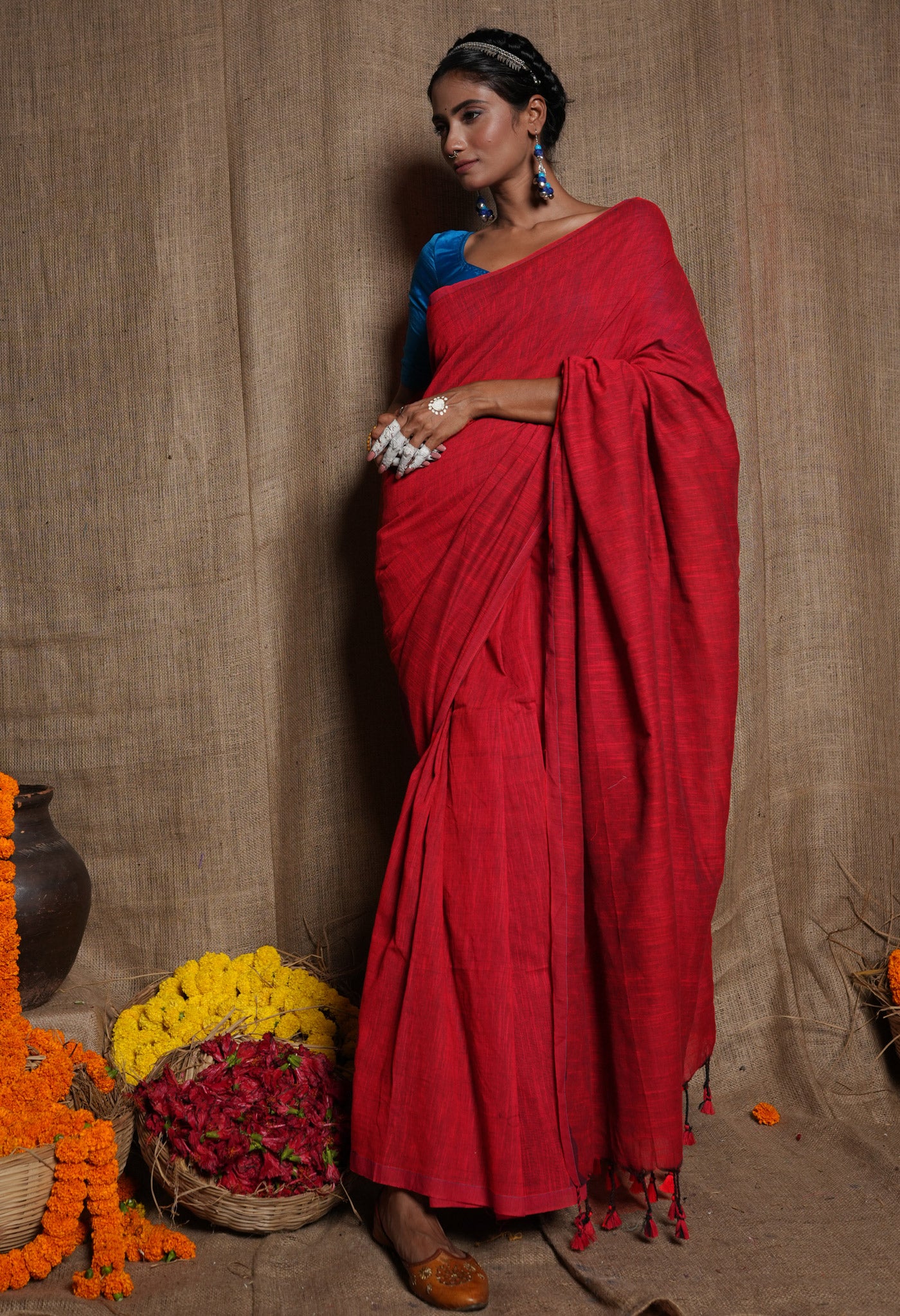 Red Pure Plain Linen Saree With Tassels