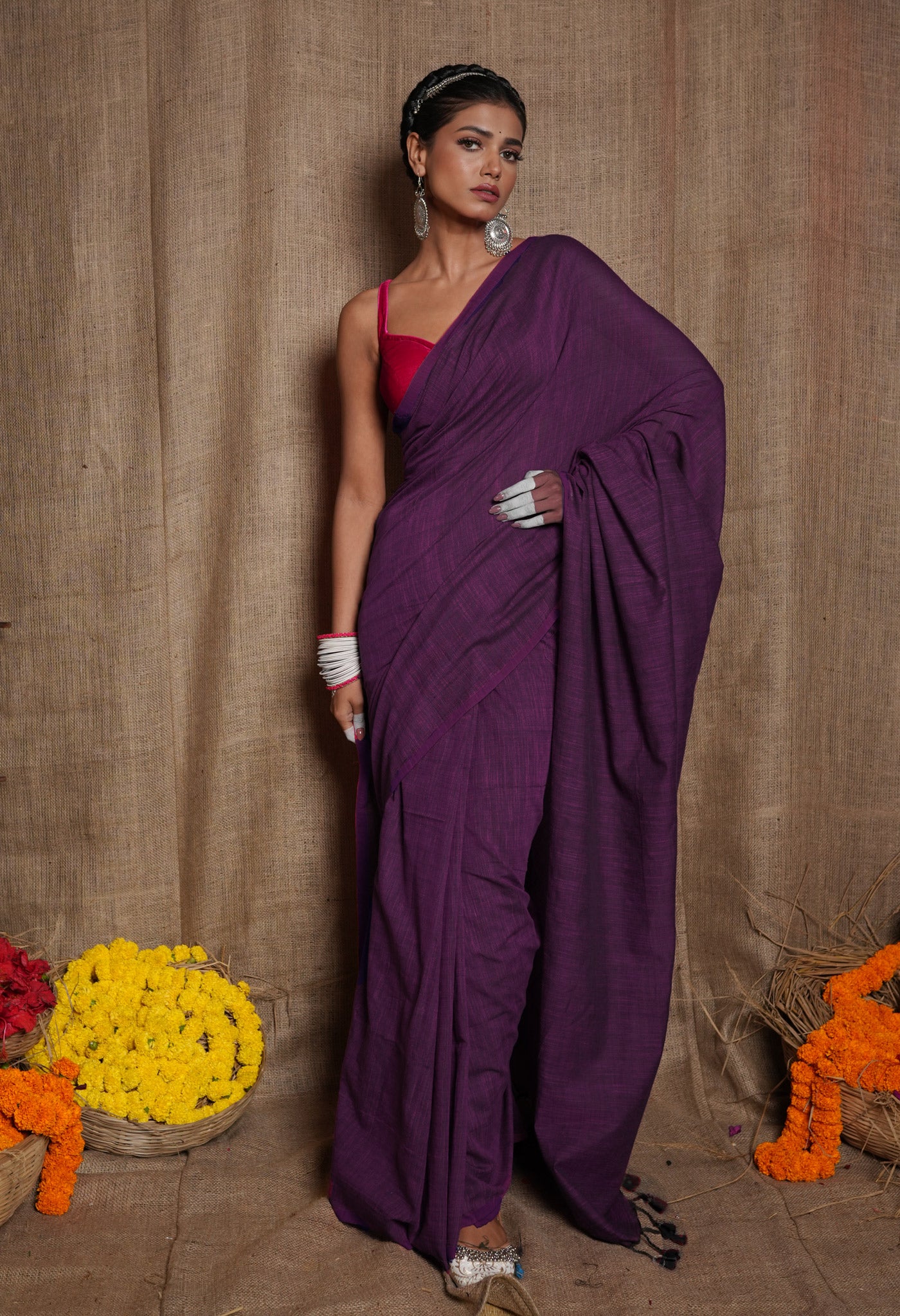 Purple Pure Cross Weave Plain Cotton Linen Saree With Tassels