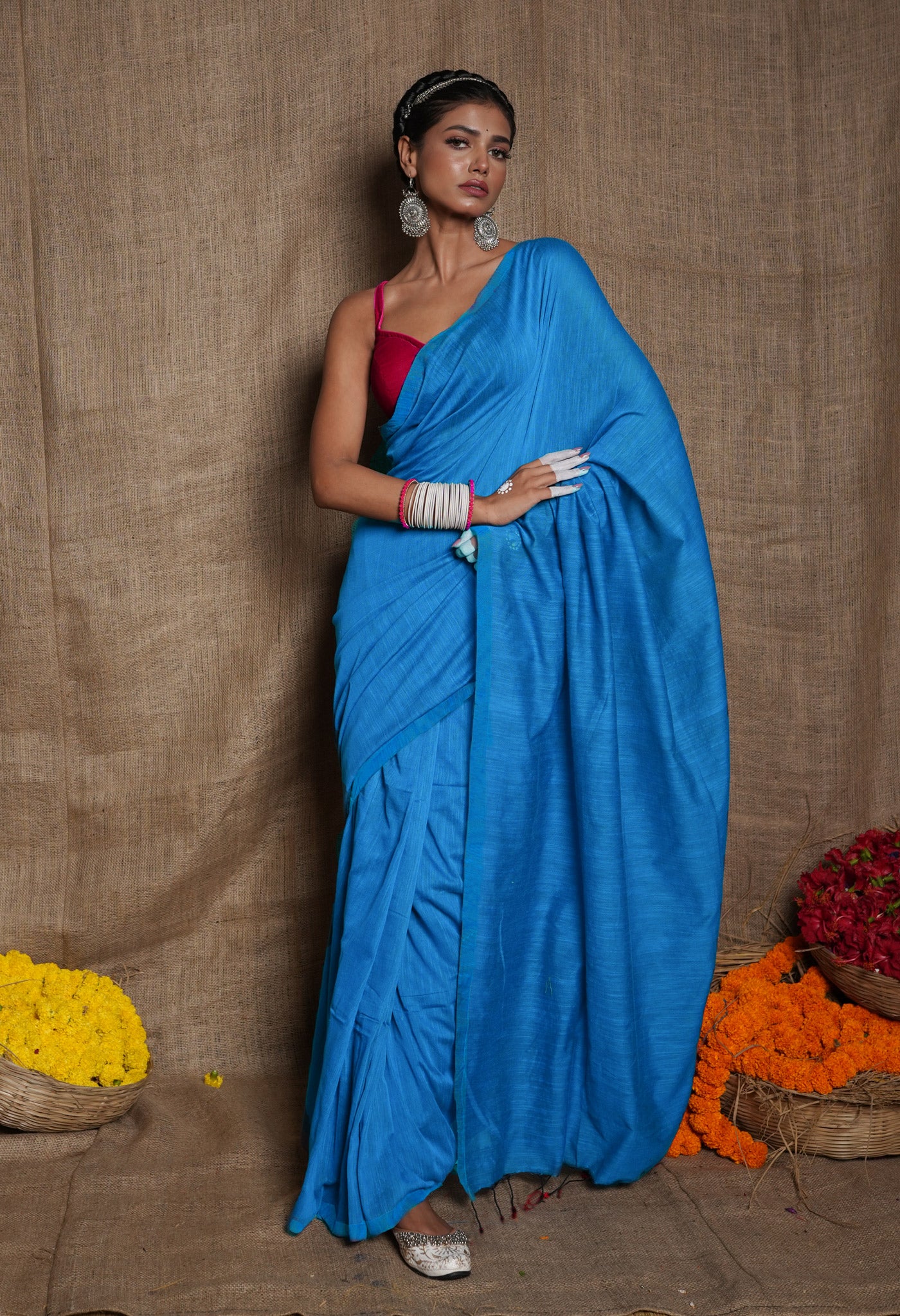 Blue Pure Cross Weave Plain Cotton Linen Saree With Tassels