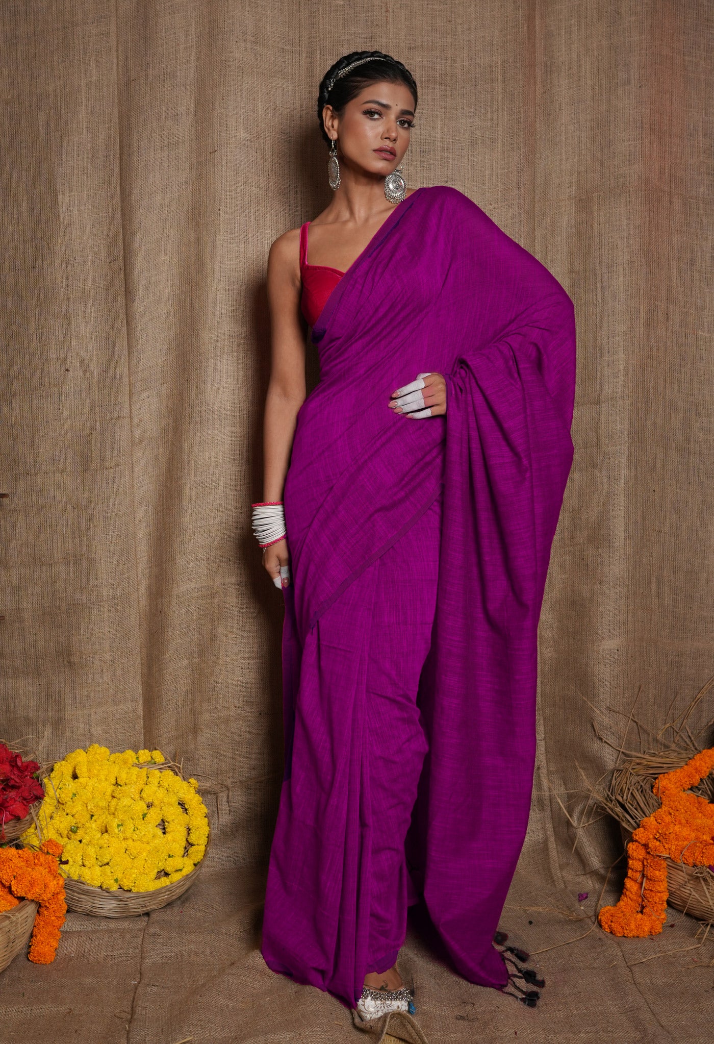 Pink Pure Cross Weave Plain Cotton Linen Saree With Tassels