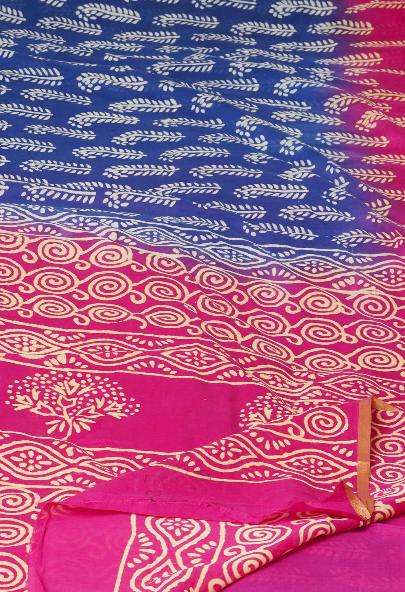 Blue-Pink Pure Contrast Dye Discharge Hand Block Printed Superfine Mulmul Cotton Saree