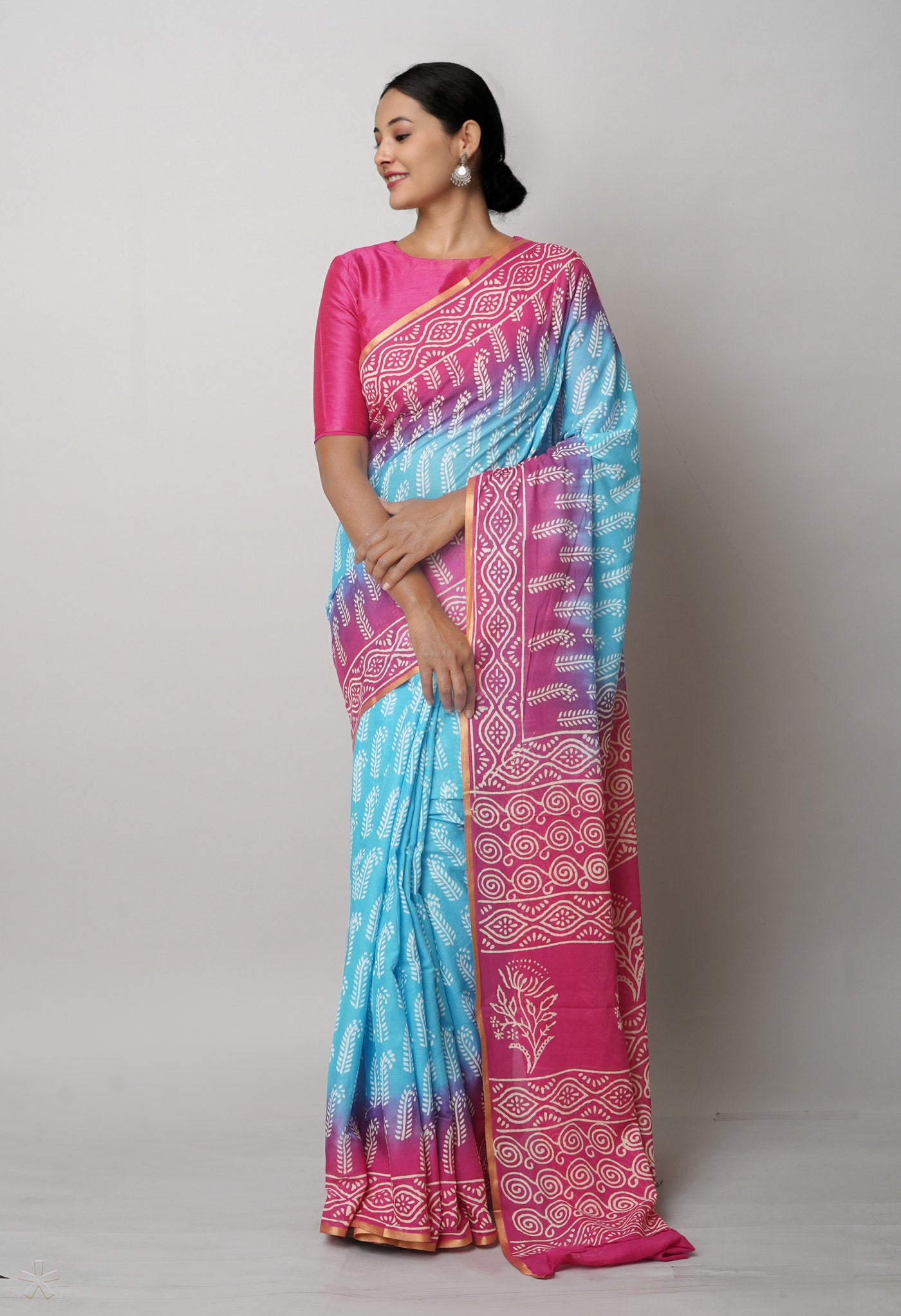 Blue Pure Hand Block Printed Soft Cotton Saree