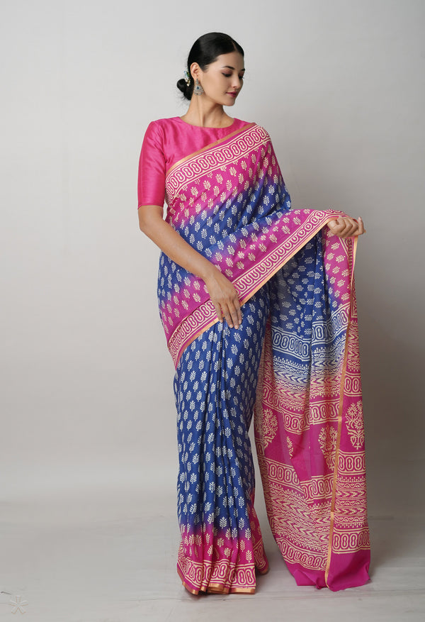 Dark Blue-Pink Pure  Contrast Dye Discharge Hand Block Printed Superfine Mulmul Cotton Saree-UNM75291
