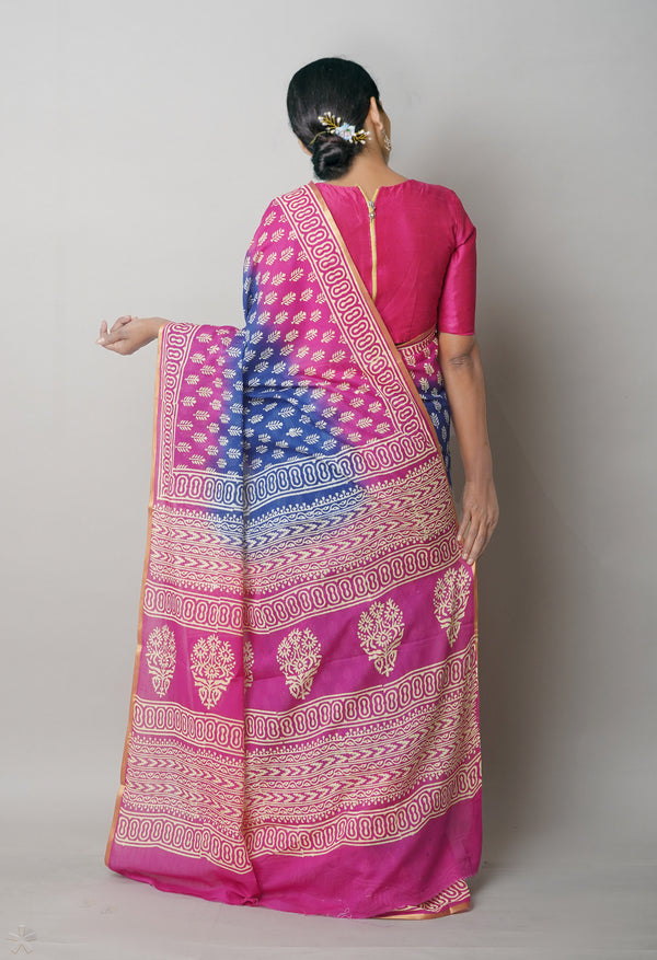 Dark Blue-Pink Pure  Contrast Dye Discharge Hand Block Printed Superfine Mulmul Cotton Saree-UNM75291