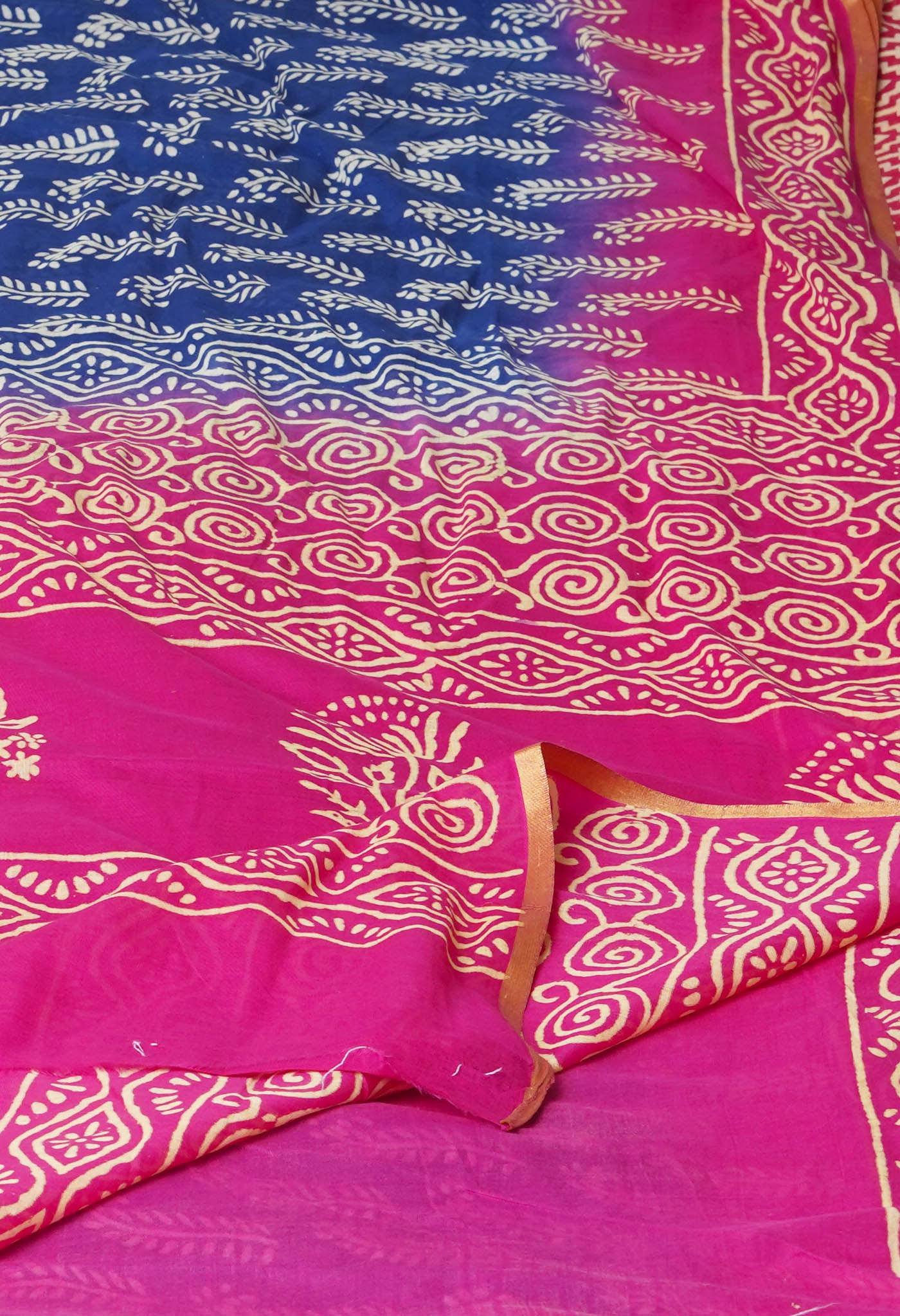 Blue-Pink Pure Contrast Dye Discharge Hand Block Printed Superfine Mulmul Cotton Saree