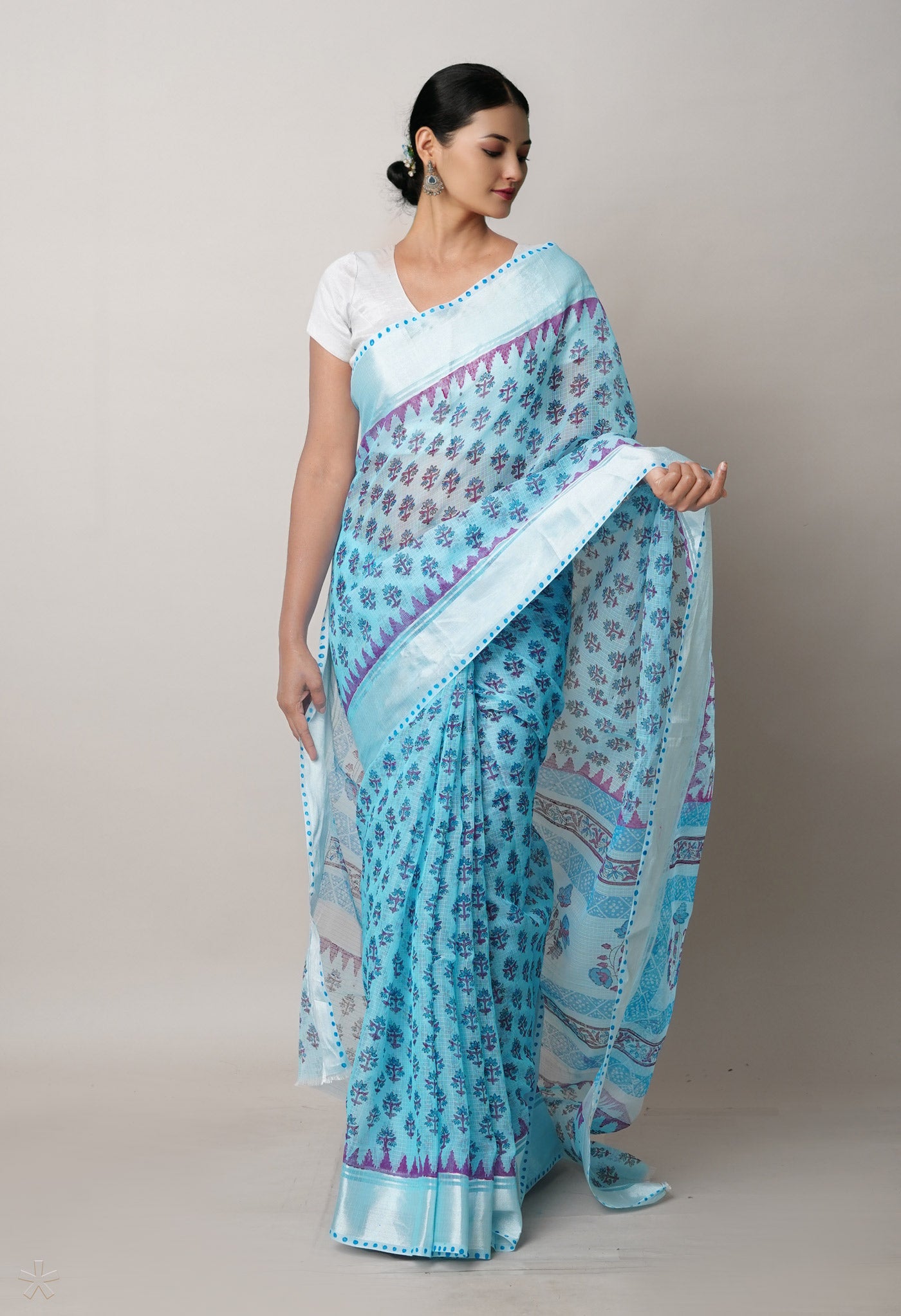 Blue Pure  Block Printed Kota Cotton Saree-UNM75327
