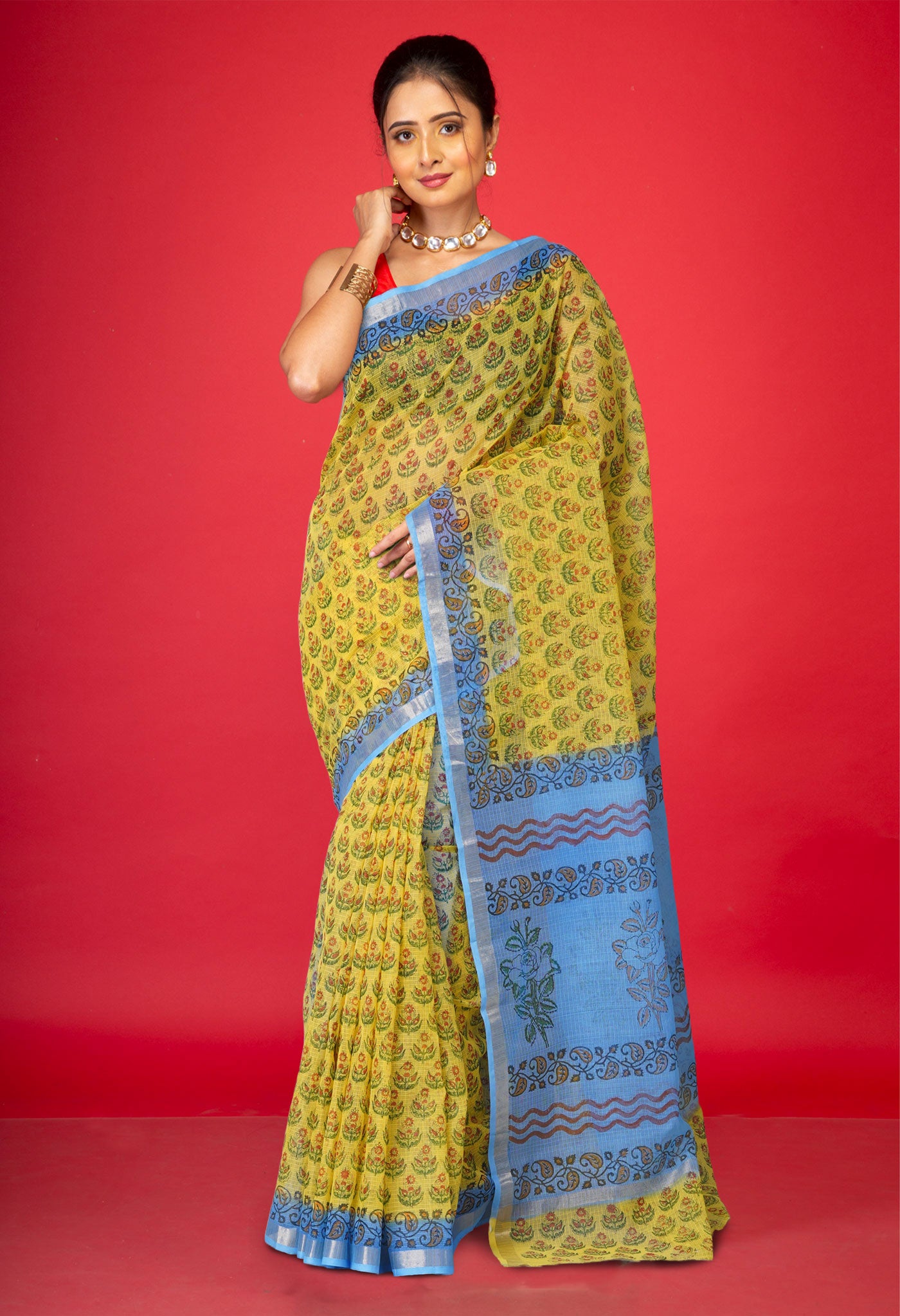 Yellow Pure  Block Printed Kota Cotton Saree-UNM75345